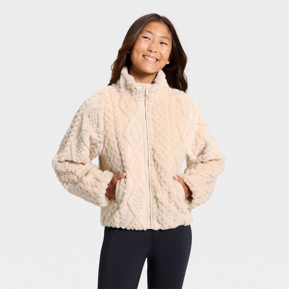 Girls' High Pile Cable Texture Full Zip Jacket - All in Motion™ Cream L